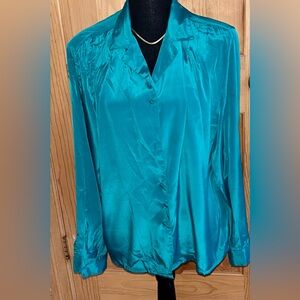 Vintage 80s Worthington Essentials Emerald Green Polyester Power Blouse Size 14